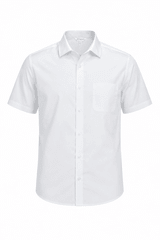 A short sleeve, button-up men's shirt in white with a single chest pocket. The shirt features a logo.
