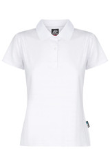 A white polo shirt with a collar, featuring a small logo on the side.