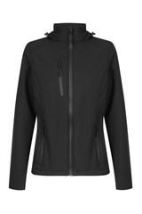 A black soft shell jacket with zippered pockets and a stand-up collar. It features a logo on the front.