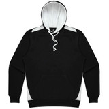 A black hoodie with white accents and a drawstring hood. Includes a front pocket and has a logo.