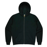 A green zip-up hoodie with a hood and front pockets, featuring a logo.