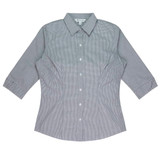 A button-up shirt featuring a grey and white check pattern with 3/4 sleeves and a collar. It has a logo on the label.