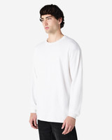 A white long sleeve T-shirt for adults, featuring a simple design and a logo on the front.