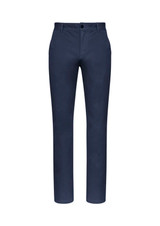 Navy chinos with a straight leg design and a button front, featuring a logo on the waistband.