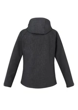 A women's soft shell jacket in dark grey with a textured pattern and a hood, featuring a logo.