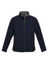 A navy jacket with a stand-up collar, featuring a zip front and side pockets, includes a logo.