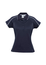 A women's short sleeve polo shirt in navy blue with white detailing and a logo.