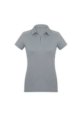 A women's short sleeve polo shirt in a light grey colour, featuring a classic collar and a logo.