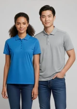 A blue short sleeve polo shirt on a woman and a grey short sleeve polo shirt on a man, both with collars.