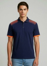 A navy blue short sleeve polo with orange accents on the shoulders and sleeves, featuring a logo.