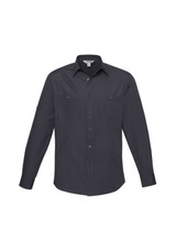 A long sleeve, button-up shirt in dark grey with two chest pockets and a logo on the sleeve.