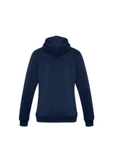 A navy women's crew hoodie featuring a hood and long sleeves, with a logo on the back.