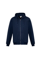 A navy blue men's crew zip hoodie with a hood and front pockets, featuring a logo on the chest.