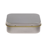 A silver rectangular tin designed for packaging pens, featuring a smooth finish and a hinged lid with a gold accent.