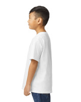 A white youth midweight t-shirt, displayed from the back, worn by a child wearing blue jeans. The shirt has a logo.