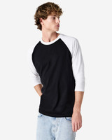 A black and white unisex raglan T-shirt featuring a logo. The shirt has three-quarter sleeves and a round neckline.