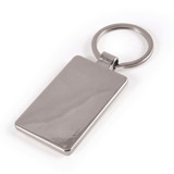 A rectangle-shaped zinc keytag with a shiny finish, attached to a circular keyring.