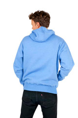 A blue men's brushed heavy fleece hoodie with a kangaroo pocket, worn by a model facing away from the camera.
