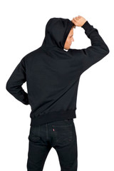 A black men's fleece hoodie with a zip, featuring a hood and a back view of a model wearing it.