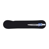 A Viva Transparent Pen is displayed on a black soft case, highlighting its sleek design and blue ink functionality.