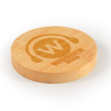 A drink bottle coaster in a round shape made of bamboo, featuring a logo design.