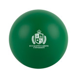 A green round stress ball featuring the logo of Eucalyptus Grove University.