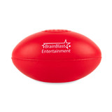 A red football-shaped stress reliever with the branding "BrainBlast Entertainment."