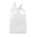 A drink bottle in clear plastic with a carabiner clip and a wide opening for easy filling and carrying.