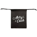A black drawstring pouch with a logo featuring nautical elements and the text "Ahoy Creek."