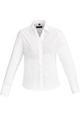 A women's long sleeve button-up shirt in white, featuring a fitted design and a collar, with a logo on the tag.