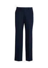 Men's comfort wool stretch pants in dark navy, featuring an adjustable waist and a classic slacks design.