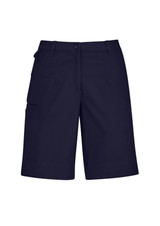 Navy women's cargo shorts featuring a comfort waist and side pockets, designed for casual wear.