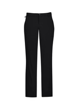 Black men's comfort waist flat front pants with a logo, featuring a straight leg design.