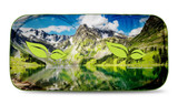 A vibrant sunshade featuring a scenic mountain and lake landscape with green leaf designs and a logo.