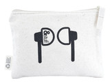 A white calico earphone pouch with a black design featuring earphones, including a logo.