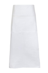 A long white apron made of 100% cotton canvas featuring a front pocket and an unobtrusive logo.