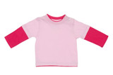 A pink and white kid's double sleeve T-shirt featuring long pink sleeves and a snap button at the shoulder.