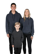 A collection of stone-wash fleece hoodies in dark grey, worn by two adults and one child. The image includes a logo.