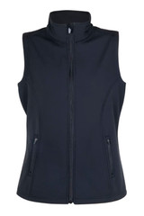 A women's soft shell vest in black, featuring a high collar and two zippered front pockets. Includes branding.