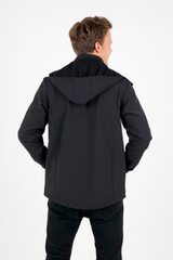 A men's softshell hooded jacket in black, featuring a hood and a logo, viewed from the back.