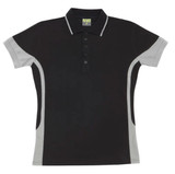 A black and grey men's contrast polo shirt with a collar and button placket, featuring a logo.