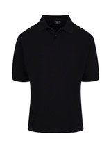 A black men's cotton polo shirt with a classic collar and a logo on the chest.