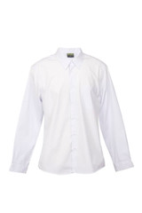 A white button-up shirt with long sleeves and a chest pocket, featuring a logo.