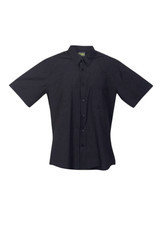 A black short-sleeved button-up shirt with a striped pattern and a pocket, featuring a logo.
