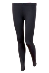Black full-length leggings made from nylon and spandex, featuring a mesh panel design. Includes a logo.