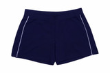 Navy sports shorts featuring contrasting white piped lines and an elastic waistband. The shorts have a brand logo.
