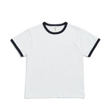 A white kids' T-shirt featuring navy blue ringer sleeves and neck trim, with a logo on the inside label.