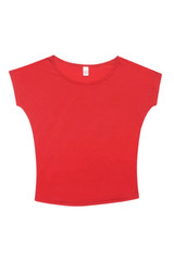 A red bat wing women's T-shirt with a wide neckline and cap sleeves, featuring a logo on the label.