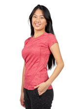 A red women's T-shirt made of 100% polyester, featuring a fitted design and a subtle branding logo.