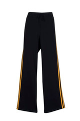 Black track pants with yellow stripes down the sides, featuring a drawstring waistband and a relaxed fit.